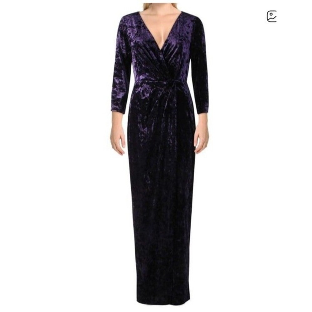 Lauren Ralph Navy Blue Stretch V-Neck Faux Wrap Long Velvet Burnout Maxi Dress 6